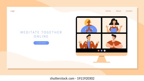 Meditate together online training. Meditating men and women on online course meditate on computer screen. Distance, remote yoga, relax, mindfulness, breathing training. Online meditation class