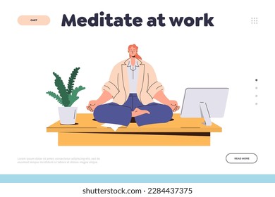 Meditate at work concept for landing page with business woman worker practicing breathing in office while sitting in lotus asana pose on table desk vector illustration. Mindfulness and idea searching