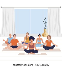 Meditate yoga class, calm exercise and relax. Vector activity buddhism, character guy and woman on yoga lesson, illustration pose relax asana yoga meditation
