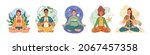 Meditate yoga lotus isolated spiritual woman and man meditating in nature and leaves. Concept illustration for meditation and relax, recreation, healthy lifestyle. Vector in flat cartoon style