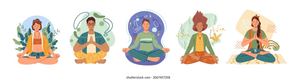 Meditate yoga lotus isolated spiritual woman and man meditating in nature and leaves. Concept illustration for meditation and relax, recreation, healthy lifestyle. Vector in flat cartoon style