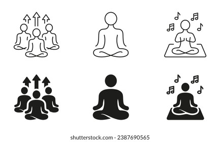 Meditate In Zen Pose Silhouette and Line Icons Set. Wellness and Relax Pictogram. Group Yoga Exercises Black Symbol Collection. Meditation, Calm, Balance Sign. Isolated Vector Illustration.