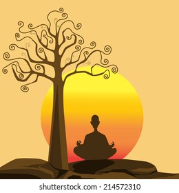 Meditates of yoga poses at sunset background,vector, illustration