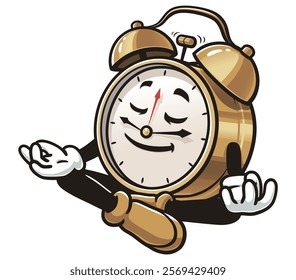 Meditating Alarm Clock Cartoon Character Mascot Illustration Vector Clip-art Hand-drawn Logo Design