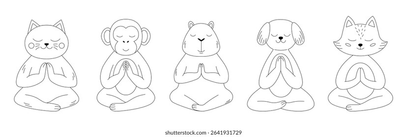 Meditating animals cat, monkey, capybara, dog, and fox, seated lotus position with eyes closed and paws together, on a white background.
