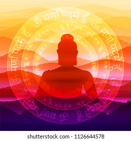 The meditating Buddha against the background of the mantra is Om mani padme hum, performed in Sanskrit, Tibetan and Chinese languages.