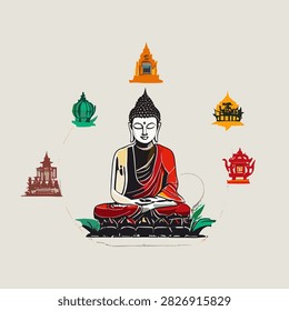 Meditating Buddha figure surrounded by sacred symbols