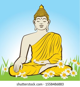 Meditating Buddha in the grass field with white daises flowers, vector