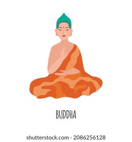 Meditating buddha indian lord cartoon character, flat vector illustration isolated on white background. Hinduism or buddhism religious god traditional symbol.