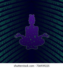 Meditating Buddha in infinite space of binary code. Vector illustration.
