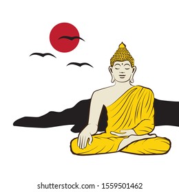 Buddha mit Landschaft zu vermitteln, rote Sonne und Vögel kommen hinter sich