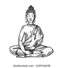 Meditating buddha in Lotus position engraving vector illustration. Scratch board style imitation. Black and white hand drawn image.