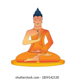 Meditating Buddha, with a medallion in the form of a wheel of samsara, hands show the Mudra Vitarka gesture, symbolizing the transmission of teachings without words. Vector illustration.
