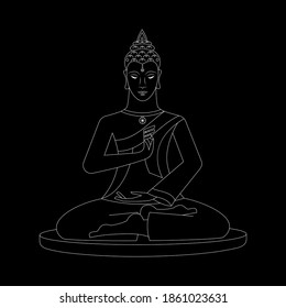 Meditating Buddha, with a medallion in the form of a wheel of samsara, hands show the Mudra Vitarka gesture, symbolizing the transmission of teachings without words. Vector illustration
