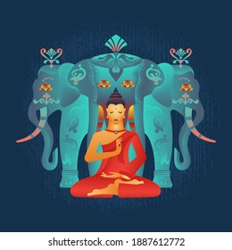 Meditating Buddha, with a medallion in the form of a wheel of samsara, hands show the Mudra Vitarka gesture, against the background of the elephant Erawan. Vector illustration.