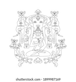 Meditating Buddha, with a medallion in the form of a wheel of samsara, hands show the gesture of Mudra Vitarka, against the background of the elephant Erawan and fish. Anti-stress coloring pages..
