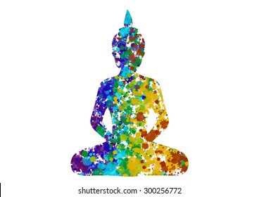 Meditating Buddha posture in rainbow colors silhouette