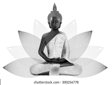 Meditating Buddha posture in silver and black colors in lotus on background