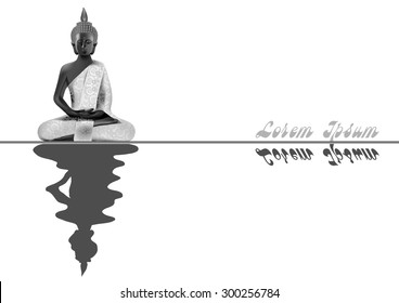 Meditating Buddha posture in silver and black colors with reflection in water