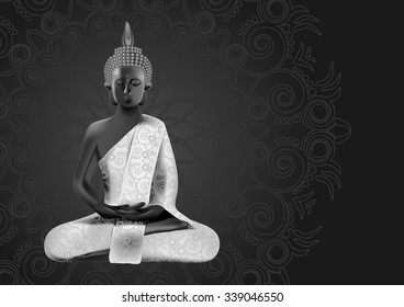Meditating Buddha posture in silver and black colors on mandala background