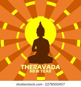 Meditating Buddha with rays of holy light and bold text to commemorate Theravada New Year