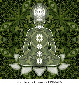 Meditating Buddha with seven chakras inside the silhouette over abstract background vector illustration