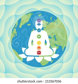 Meditating Buddha with seven chakras inside the silhouette over Earth globe background vector illustration