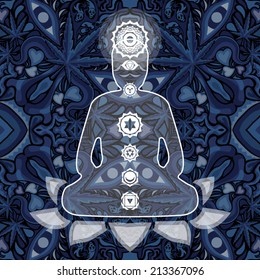 Meditating Buddha with seven chakras inside the silhouette over abstract background vector illustration