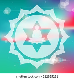 Meditating Buddha silhouette inside lotus chakra over blurred natural background vector illustration