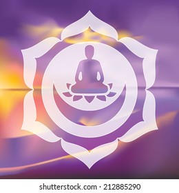 Meditating Buddha silhouette inside lotus chakra over blurred natural background vector illustration