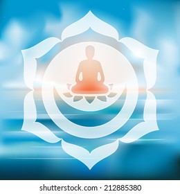 Meditating Buddha silhouette inside lotus chakra over blurred natural background vector illustration