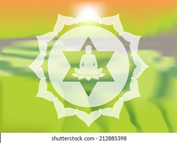 Meditating Buddha silhouette inside lotus chakra over blurred natural background vector illustration
