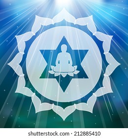 Meditating Buddha silhouette inside lotus chakra over blurred natural background vector illustration