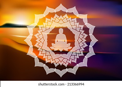 Meditating Buddha silhouette inside lotus chakra over blurred natural background vector illustration