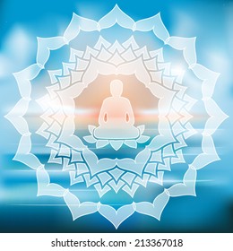 Meditating Buddha silhouette inside lotus chakra over blurred natural background vector illustration