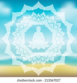 Meditating Buddha silhouette inside lotus chakra over blurred natural background vector illustration