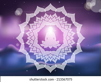 Meditating Buddha silhouette inside lotus chakra over blurred natural background vector illustration