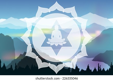 Meditating Buddha silhouette inside lotus chakra over mountain landscape background vector illustration