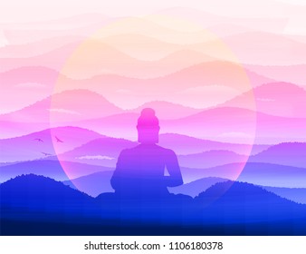 Meditating Buddha Sits in silence in the background of the hills in the morning haze. Zen, pacification, complete quiet.