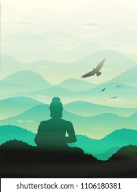 Meditating Buddha Sits in silence in the background of the hills in the morning haze. Zen, pacification, complete quiet. Vector