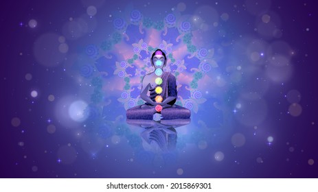 Meditating Buddha sitting in lotus position in space, seven chakras
