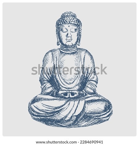 meditating buddha statue sketch obsolete blue style vector illustration. Old hand drawn azure engraving imitation.
