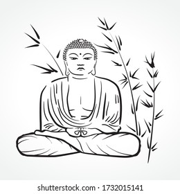 Meditating Buddha surrounded by bamboo plants, vector