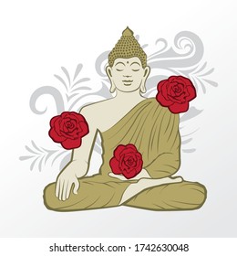 meditating Buddha surrounded by roses and abstract swirls, vector