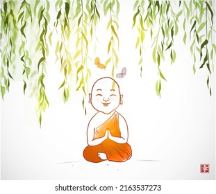 Meditating buddhist monk in orange robe under green willow tree. Traditional oriental ink painting sumi-e, u-sin, go-hua. Hieroglyph - happiness