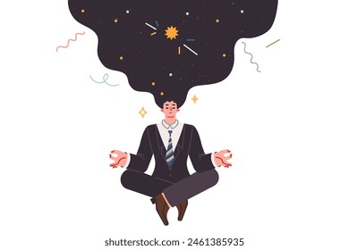 Meditating business man doing yoga thinking about space and trying to get signal from universe, floating in air in lotus position. Yoga helps entrepreneur rid of harmful thoughts interfere with work