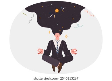 Hombre de negocios meditando haciendo yoga pensando en el espacio y tratando de obtener la señal del universo, flotando en el aire en posición de loto. El yoga ayuda a los emprendedores a deshacerse de los pensamientos dañinos e interferir con el trabajo