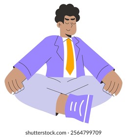 Meditating businessman concept. A corporate professional finds calm amidst chaos. Workplace mindfulness and stress management. Vector illustration.