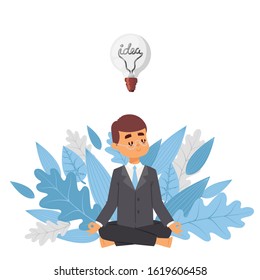 Meditating businessman with idea, vector illustration. Cartoon character man in suit on background of tree leaves. Mindful, calm, smiling visionary, business idea. Light bulb as symbol of inspiration