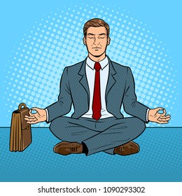 Meditating businessman pop art retro vector illustration. Comic book style imitation.